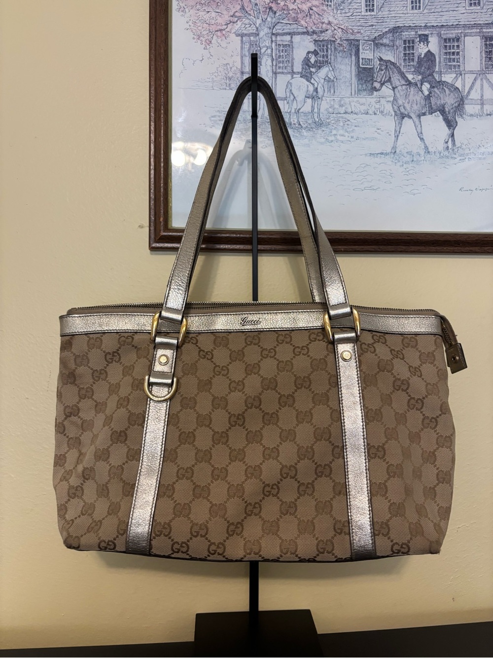 Authentic Gucci Abbey Tote Brown Handbag Purse GG Canvas Leather
